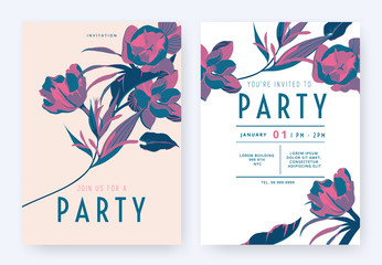 Floral party invitation card template design, tulip, Heliconia, Magnolia coco and leaves in pink and purple tones on light pink