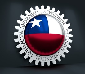 Cog wheel with Chile flag. Precision machinery relative backdrop. 3D rendering