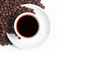 Coffee cup and beans isolated on a white background, space for text,  Top view