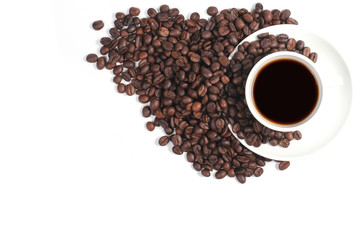 Coffee cup and beans isolated on a white background, space for text,  Top view