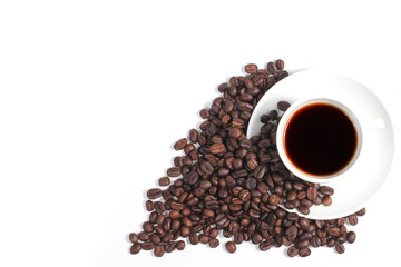 Coffee cup and beans isolated on a white background, space for text,  Top view