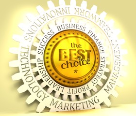 Stamp icon. Graphic design elements. 3D rendering. The best choice text. Golden metallic material. Business relative words on the gear