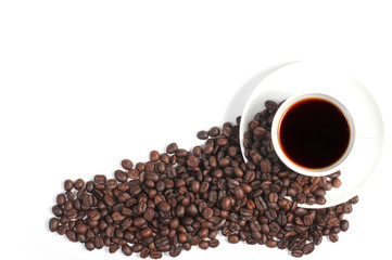 Coffee cup and beans isolated on a white background, space for text,  Top view