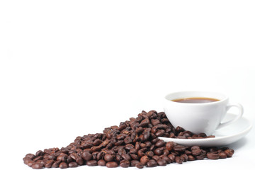 Coffee cup and beans isolated on a white background, space for text,  Top view