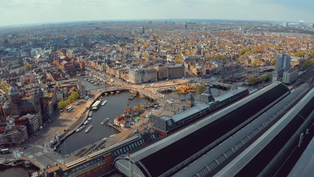 Aerial view of the Amsterdam central station. View from above.