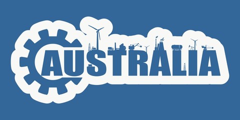 Energy and Power icons. Sustainable energy generation and heavy industry. Australia word decorated by gear