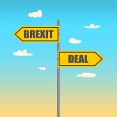 Words cloud relative to politic situation between Great Britain and European Union. Brexit named politic process. Road signs with Brexit and Deal text