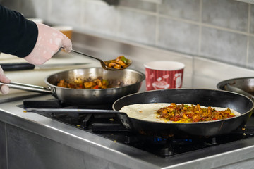 Cooking process of quesadilla with pans