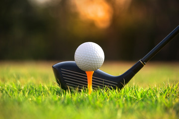 Golf clubs and golf balls on a green lawn in a beautiful golf course