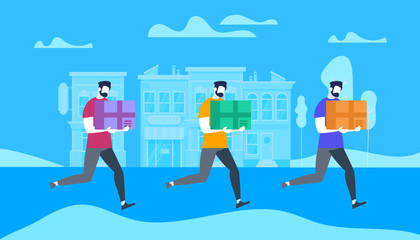 Men Characters Carry Bulky Cardboard Package Boxes