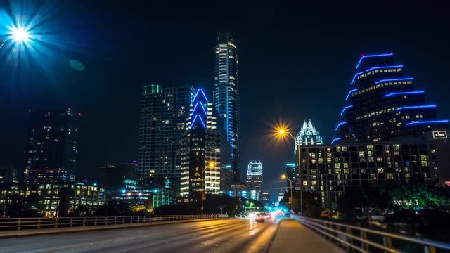 Hyperlapse crossing the Colorado River on Congress Avenue in Austin Texas at night 