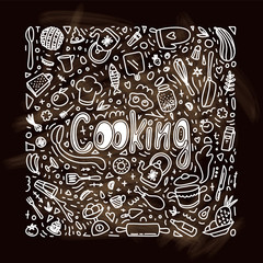 Cooking doodle square illustration on blackboard background. Sketch kitchenware. Ingredients. Kitchen utensil and appliance design elements. Food preparation cliparts. Vector line art. White chalk