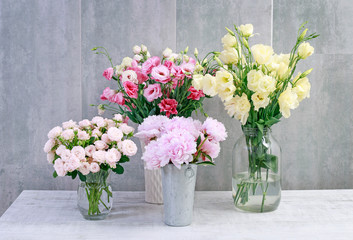 Bouquets of colorful flowers. Peony, rose, lisianthus