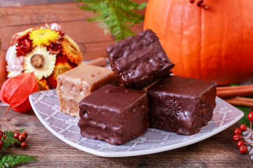 Gingerbread cubes in chocolate, sweet dessert