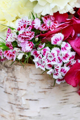 Floral background with carnations, dianthus and hortensia flowers.