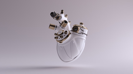 White Artificial Cyborg Heart With Gold Fittings and Rubber Tubes 3d illustration 3d render