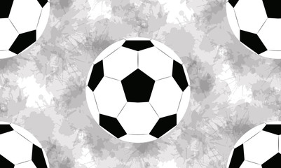 Seamless pattern with soccer balls and watercolor splashes on white background. Vector texture with sport equipment for wallpaper and your design.