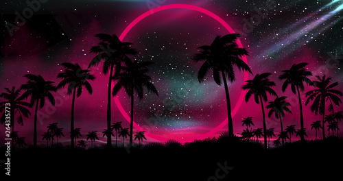 Night Landscape With Palm Trees, Against The Backdrop Of A Neon Sunset