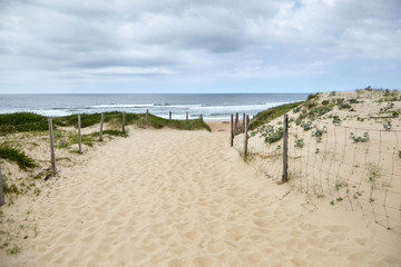 Sandy beach on the Bay of Biscay, landscape of the Atlantic coast of France. French Silver Coast. Pathway and mesh fencing with wooden posts and grass