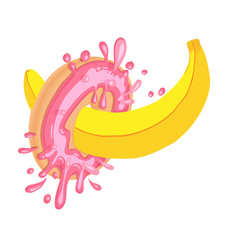 Provocative vector illustration with sweet donut and banana. Sweet strawberry pink donut with splashes, and tasty tropical banana fruit. Sweet food, funny illustration