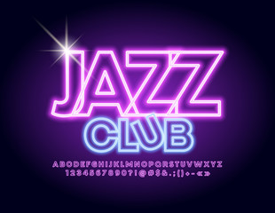 Vector neon glowing Sign Jazz Club in Uppercase Font. Colorful lighting Alphabet Letters and Numbers.