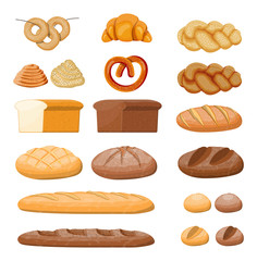 Big bread icons set. Whole grain, wheat and rye bread, toast, pretzel, ciabatta, croissant, bagel, french baguette, cinnamon bun. Vector illustration in flat style