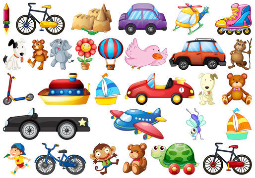 Collection of children's toys on white