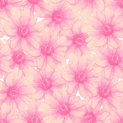 Watercolor colorful pattern with pink anemone flowers on white background. Hand drawing Illustration