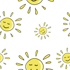 Sun pattern, sun doodle background, hand drawn doodle sun, yellow on white background, bright sunny pattern for your design