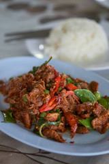 Spicy fried deer Thailand food on blue plate