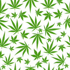 Marijuana green leaves on a white background. Rasta seamless pattern. Cannabis hemp template fill. Vector flat square clipart.