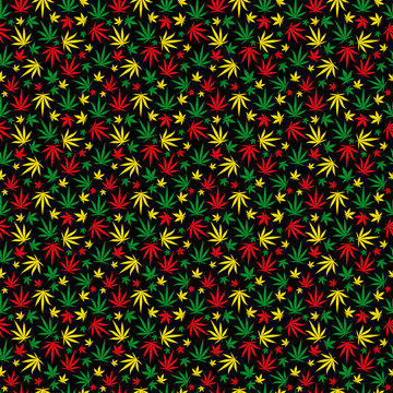 Rasta pattern seamless background. Reggae jamaican ornament. Marijuana leaf. Rastafarian cannabis hemp template fill. Vector clipart.