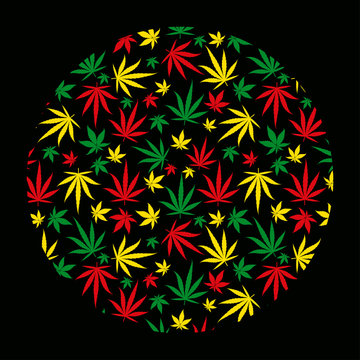 Round rasta pattern background. Circle reggae jamaican ornament. Marijuana leaf. Rastafarian cannabis hemp template fill. Vector clipart.