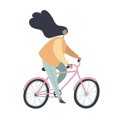 Woman riding bicycles. Trendy flat cartoon character. Side view, isolated on white background. Vector illustration.