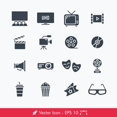Cinema (Movies) Related Icons / Vectors Set | Contains Such Theater, Television, Roll, Clap, Video Recorder, Film, Disc, Bullhorn, Projector, Drama, Award, Popcorn, Drink, Ticket, 3D