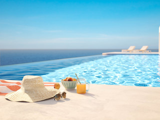 Fototapeta na wymiar 3D-Illustration. modern luxury infinity pool with summer accessoires