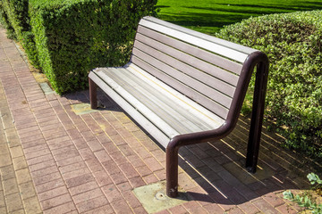 Lonely bench in the park on a sunny day.