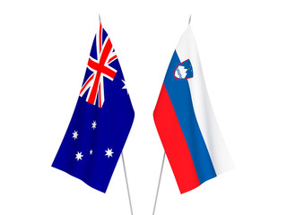 National fabric flags of Australia and Slovenia isolated on white background. 3d rendering illustration.