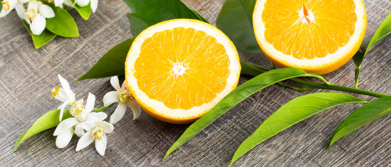 Fototapeta na wymiar Juicy Orange cut in two parts and neroli, flowers of orange tree, on rustic wood background. The Orange blossom is the fragrant flower of the Citrus is used in perfume and tea, aphrodisiac.