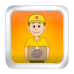 Button with friendly Courier delivering a parcel with free Delivery rubber stamp - 3D illustration