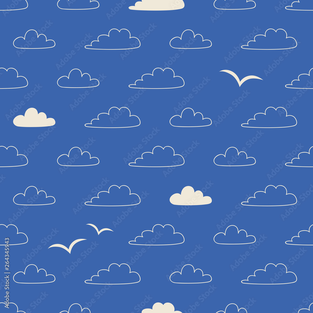 Poster seamless pattern with clouds and birds in scandinavian style