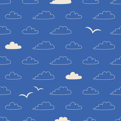 seamless pattern with clouds and birds in scandinavian style