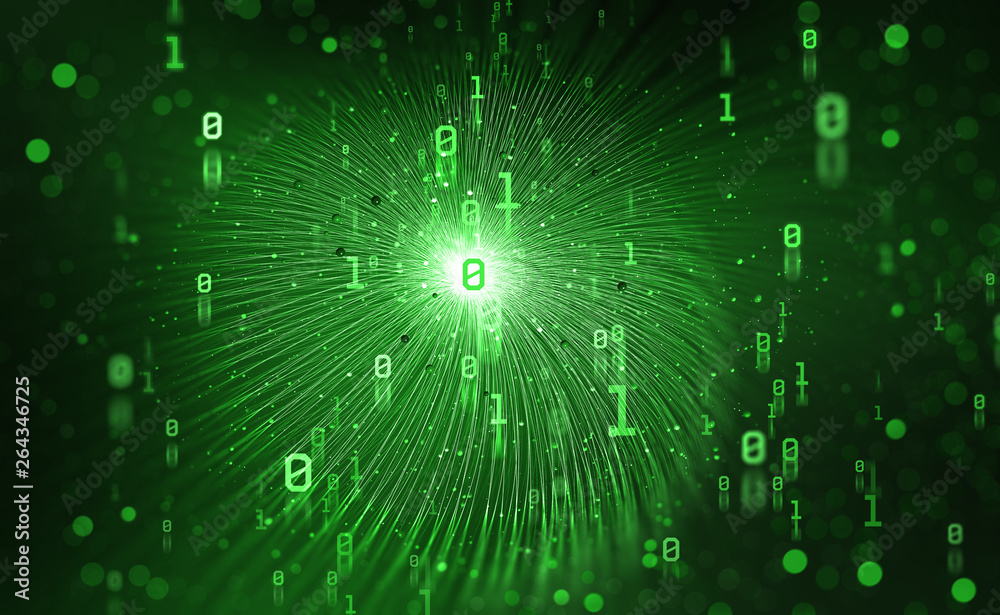 Fototapete Digital technologies of the future. Unit and zero in binary code. Big data funnel in the global computer universe. 3D illustration with bokeh elements