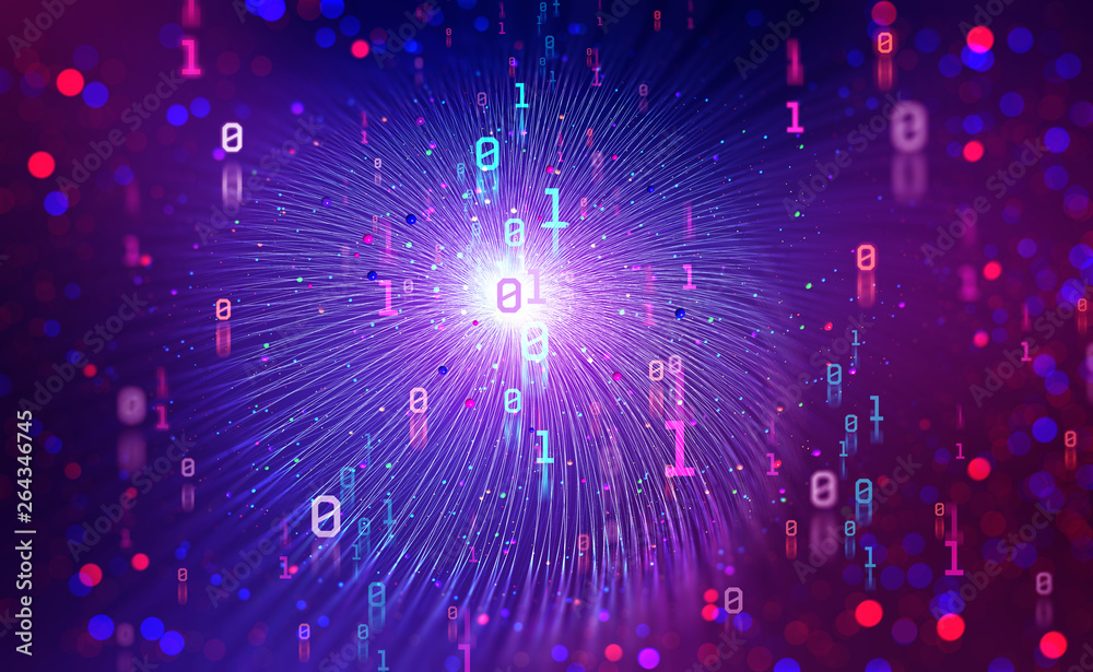 Poster Digital technologies of the future. Unit and zero in binary code. Big data funnel in the global computer universe. 3D illustration with bokeh elements