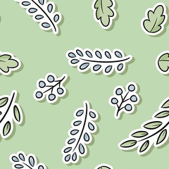 Obraz premium Decorative floral seamless pattern with green leaves and branches. Cartoon hand drawn etexture background