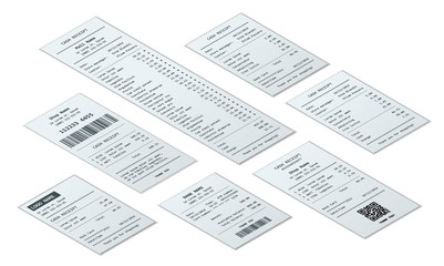 Isometric set of receipt records, design template of bill ATM, paper financial check for mockup. realistic payment paper bills for cash or credit card transaction.