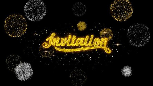 Invitation Golden Greeting Text Appearance Blinking Particles with Golden Fireworks Display 4K for Greeting card, Celebration, Invitation, calendar, Gift, Events, Message, Holiday, Wishes .
