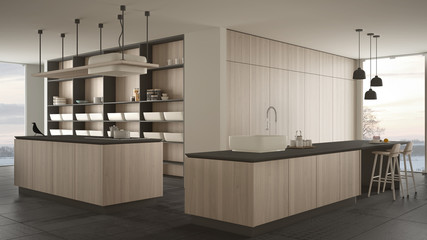 Minimalist luxury expensive white and wooden kitchen, island, sink and gas hob, open space, panoramic window, marble ceramic floor, modern interior design architecture concept idea