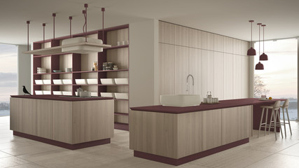 Minimalist luxury expensive red and wooden kitchen, island, sink and gas hob, open space, panoramic window, marble ceramic floor, modern interior design architecture concept idea