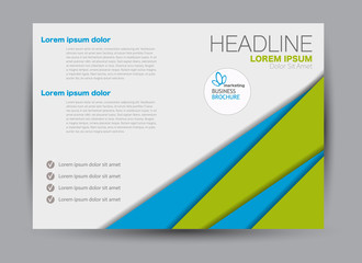 Blue and green landscape wide flyer or brochure template. Billboard abstract background design. Business, education, presentation, advertisement concept. Vector illustration.